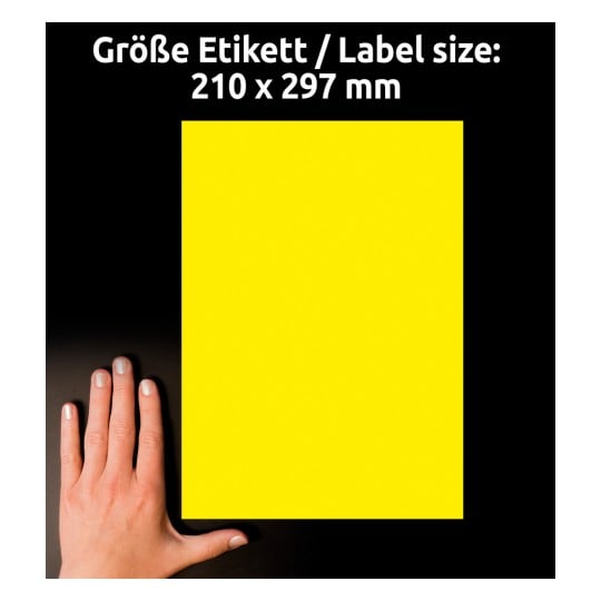 Größenvergleich mit Hand, Artikel: L6006-25, ein Bogen Etiketten in Sonderfarben, Format: 210 x 297 mm, Farbe: neongelb