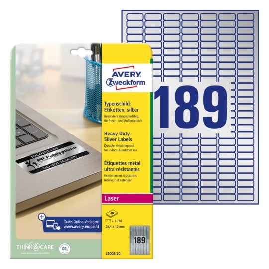Packungsabbildung mit Etikettenbogen: Avery Zweckform Typenschild-Etiketten, Artikel:  L6008-20, Format: 25,4 x 10 mm, Druckereignung: Laser s/w, Inhalt: 3.780 Etiketten / 20 Bögen, 189 Etiketten/Bogen
