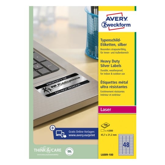 Packungsabbildung: Avery Zweckform Silberne Typenschild-Etiketten, Artikel:  L6009-100, Format: 45,7 x 21,2 mm, Druckereignung: Laser s/w, Inhalt: 4.800 Etiketten / 100 Bögen, 48 Etiketten/Bogen