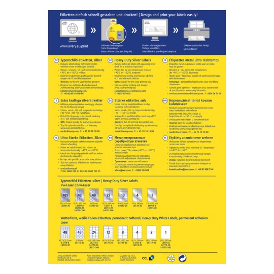 Ein Informationsbild über Avery-Etikettenprodukte, das Spezifikationen, Größen und die Verwendung in mehreren Sprachen beschreibt.