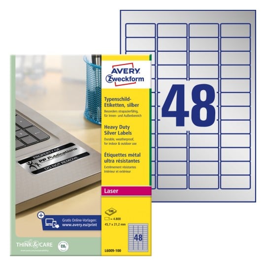 Packungsabbildung mit Etikettenbogen: Avery Zweckform Typenschild-Etiketten, Artikel:  L6009-100, Format: 45,7 x 21,2 mm, Druckereignung: Laser s/w, Inhalt: 4.800 Etiketten / 100 Bögen, 48 Etiketten/Bogen