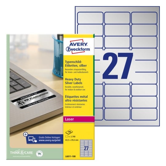 Packungsabbildung mit Etikettenbogen: Avery Zweckform Typenschild-Etiketten, Artikel: L6011-100, Format: 63,5 x 29,6 mm, Druckereignung: Laser s/w, Inhalt: 2.700 Etiketten / 100 Bögen, 27 Etiketten/Bogen