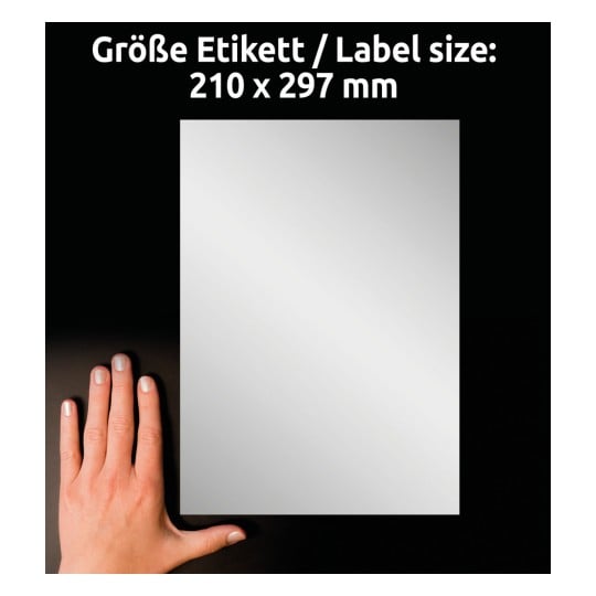 Größenvergleich mit Hand, Artikel: L6013-20, ein Bogen Typenschild-Etiketten, Format: 210 x 297 mm, Farbe: Silber