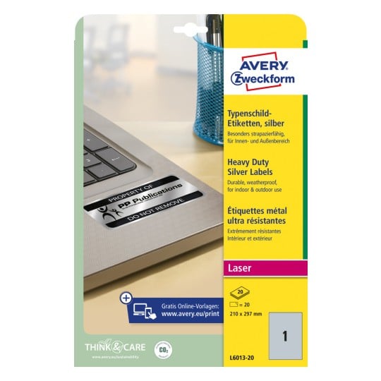 Packungsabbildung: Avery Zweckform Silberne Typenschild-Etiketten, Artikel:  L6013-20, Format: 210 x 297 mm, Druckereignung: Laser s/w, Inhalt: 20 Etiketten / 20 Bögen, 1 Etiketten/Bogen