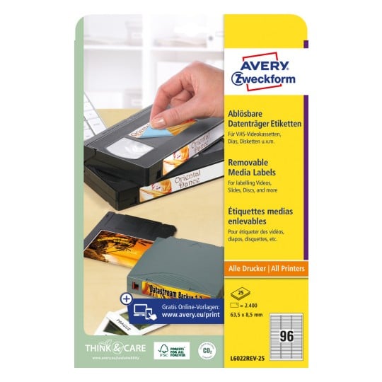 Packungsabbildung: Avery Zweckform Weitere Datenträger-Etiketten, Artikel:  L6022REV-25, Format: 63,5 x 8,5 mm, Druckereignung: Inkjet,Laser s/w,Farblaser, Inhalt: 2.400 Etiketten / 25 Bögen, 96 Etiketten/Bogen