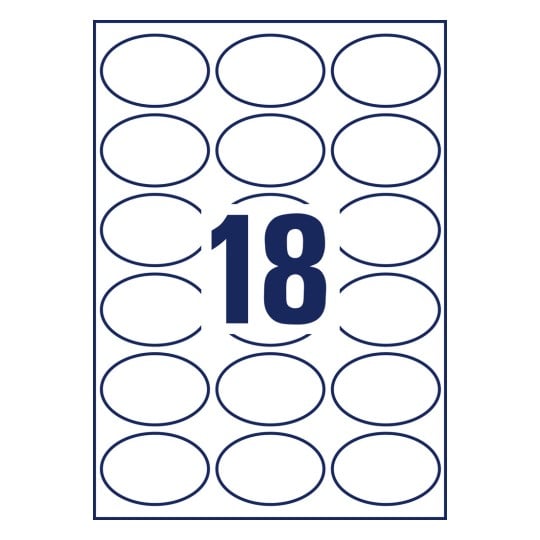 Stanzzeichnung Einzelbogen A4, Artikel: L6024REV-25, Ovale Etiketten, ablösbar, Format: 63,5 x 42,3 mm, 18 Etiketten/Bogen