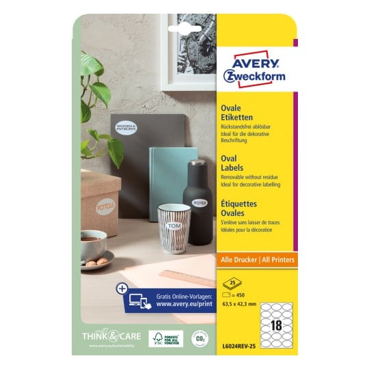 Packungsabbildung: Avery Zweckform Ovale Etiketten, Artikel:  L6024REV-25, Format: 63,5 x 42,3 mm, Druckereignung: Inkjet,Laser s/w,Farblaser, Inhalt: 450 Etiketten / 25 Bögen, 18 Etiketten/Bogen