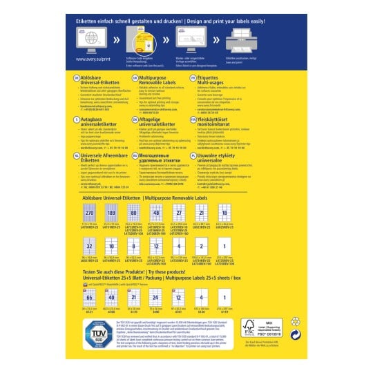 Das Bild ist ein Design- und Druckleitfaden für Etiketten von Avery, der verschiedene Arten ablösbarer Etiketten, deren Größen und internationale Beschreibungen in verschiedenen Sprachen zeigt. Es enthält Spezifikationen, Kontaktinformationen und Tipps für eine optimale Bedruckung und Verwendung.