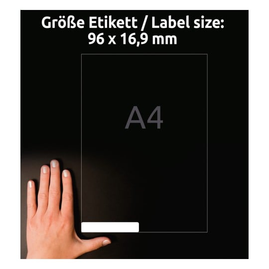 Größenvergleich mit Hand, Artikel: L6031REV-25, ein Bogen Universal-Etiketten, ablösbar, Format: 96 x 16,9 mm, Farbe: Weiß