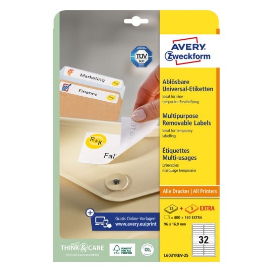 Packungsabbildung: Avery Zweckform Universal-Etiketten, ablösbar, Artikel:  L6031REV-25, Format: 96 x 16,9 mm, Druckereignung: Inkjet,Laser s/w,Farblaser, Inhalt: 960 Etiketten / 30 Bögen, 32 Etiketten/Bogen