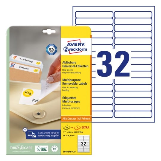 Packungsabbildung mit Etikettenbogen: Avery Zweckform Universal-Etiketten, ablösbar, Artikel: L6031REV-25, Format: 96 x 16,9 mm, Druckereignung: Inkjet,Laser s/w,Farblaser, Inhalt: 960 Etiketten / 30 Bögen, 32 Etiketten/Bogen