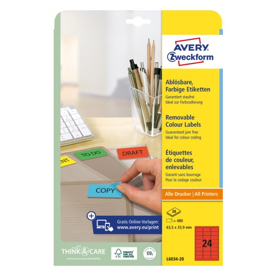 Packungsabbildung: Avery Zweckform Farbige Organisations-Etiketten, ablösbar, Artikel:  L6034-20, Format: 63,5 x 33,9 mm, Druckereignung: Inkjet,Laser s/w,Farblaser, Inhalt: 480 Etiketten / 20 Bögen, 24 Etiketten/Bogen