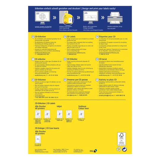Das Bild ist ein Informationsleitfaden zum Erstellen und Drucken von CD-Etiketten. Es enthält Anweisungen in mehreren Sprachen, Nutzungstipps und Produktcodes für verschiedene Etiketten. Das Design ist hell und enthält Grafiken für ein besseres Verständnis.