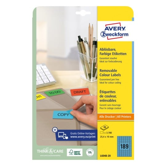 Packungsabbildung: Avery Zweckform Farbige Organisations-Etiketten, ablösbar, Artikel:  L6048-20, Format: 25,4 x 10 mm, Druckereignung: Inkjet,Laser s/w,Farblaser, Inhalt: 3.780 Etiketten / 20 Bögen, 189 Etiketten/Bogen