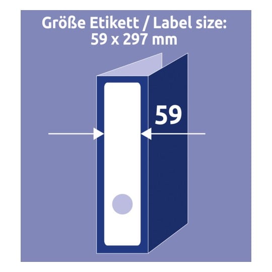 Das Bild zeigt die Etikettengröße von 59 x 297 mm, dargestellt mit einer Grafik eines Ordners. Das Maß '59' ist links hervorgehoben und gibt die Breite des Etiketts an.