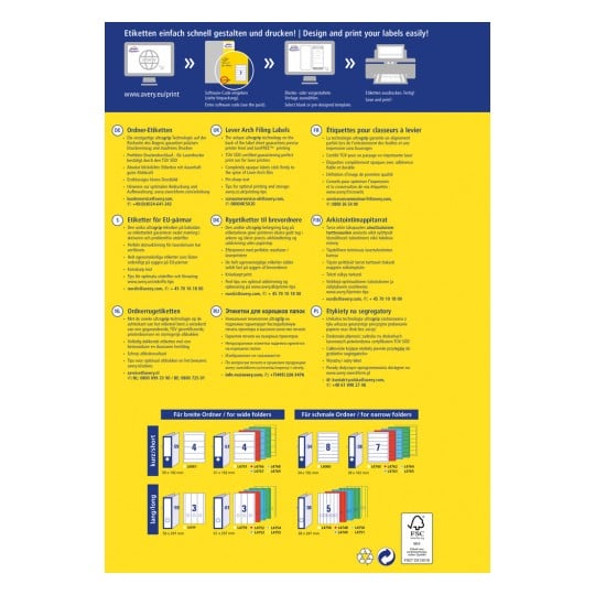 Dieses Bild ist eine Anleitung zum Entwerfen und Drucken von Etiketten von Avery. Es enthält Informationen in mehreren Sprachen über verschiedene Etikettenprodukte, deren Merkmale und Tipps zur optimalen Nutzung. Es gibt Beispiele für Etikettenformate für breite und schmale Ordner, einschließlich Abmessungen.