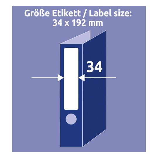 Größenvergleich mit Hand, Artikel: L6060-25, ein Bogen Ordner-Etiketten, Format: 34 x 192 mm, Farbe: Weiß