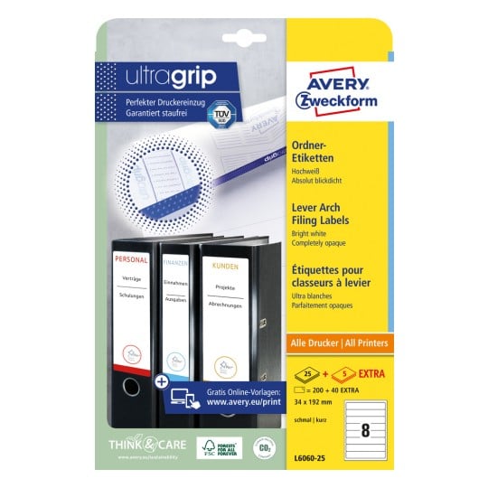 Packungsabbildung: Avery Zweckform Ordner-Etiketten, Artikel:  L6060-25, Format: 34 x 192 mm, Druckereignung: Inkjet,Laser s/w,Farblaser, Inhalt: 240 Etiketten / 30 Bögen, 8 Etiketten/Bogen