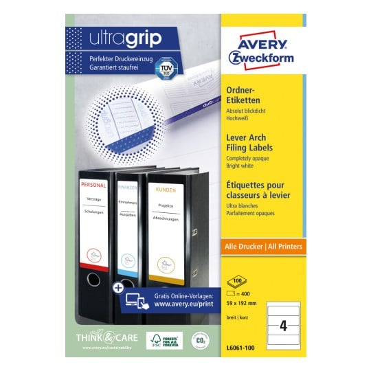 Packungsabbildung: Avery Zweckform Ordner-Etiketten, Artikel:  L6061-100, Format: 59 x 192 mm, Druckereignung: Inkjet,Laser s/w,Farblaser, Inhalt: 400 Etiketten / 100 Bögen, 4 Etiketten/Bogen
