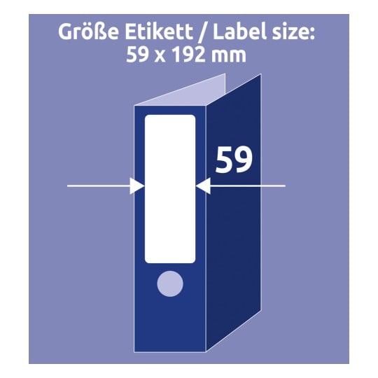 Größenvergleich mit Hand, Artikel: L6061-25, ein Bogen Ordner-Etiketten, Format: 59 x 192 mm, Farbe: Weiß
