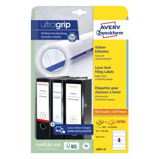 Packungsabbildung: Avery Zweckform Ordner-Etiketten, Artikel:  L6061-25, Format: 59 x 192 mm, Druckereignung: Inkjet,Laser s/w,Farblaser, Inhalt: 120 Etiketten / 30 Bögen, 4 Etiketten/Bogen