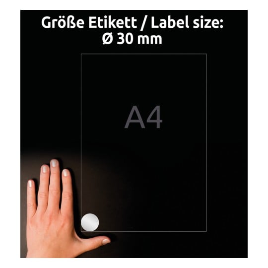 Größenvergleich mit Hand, Artikel: L6129-20, ein Bogen Typenschild-Etiketten, Format: ⌀ 30 mm, Farbe: Silber