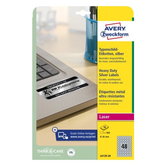 Packungsabbildung: Avery Zweckform Silberne Typenschild-Etiketten, Artikel:  L6129-20, Format: ⌀ 30 mm, Druckereignung: Laser s/w, Inhalt: 960 Etiketten / 20 Bögen, 48 Etiketten/Bogen