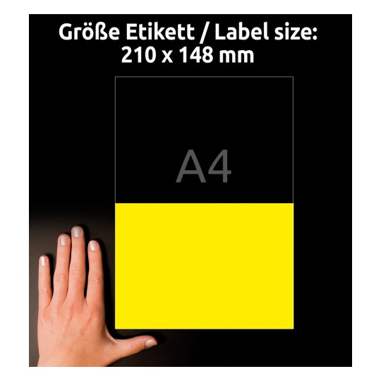 Größenvergleich mit Hand, Artikel: L6130-20, ein Bogen Wetterfeste Folien-Etiketten, Format: 210 x 148 mm, Farbe: Gelb