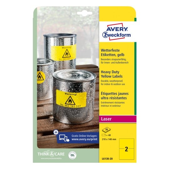 Packungsabbildung: Avery Zweckform Wetterfeste Folien-Etiketten für Laserdrucker, Artikel:  L6130-20, Format: 210 x 148 mm, Druckereignung: Laser s/w, Inhalt: 40 Etiketten / 20 Bögen, 2 Etiketten/Bogen