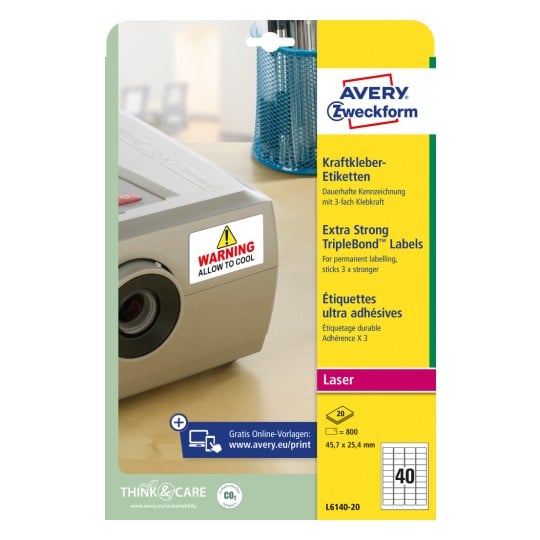 Packungsabbildung: Avery Zweckform Kraftkleber-Etiketten, Artikel:  L6140-20, Format: 45,7 x 25,4 mm, Druckereignung: Laser s/w,Farblaser, Inhalt: 800 Etiketten / 20 Bögen, 40 Etiketten/Bogen