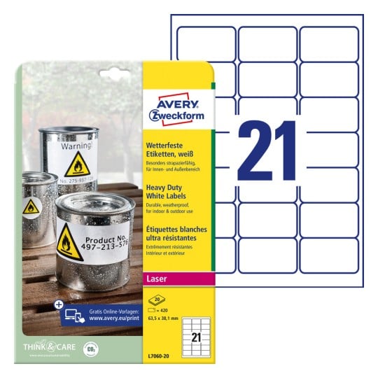 Packungsabbildung mit Etikettenbogen: Avery Zweckform Wetterfeste Folien-Etiketten, Artikel: L7060-20, Format: 63,5 x 38,1 mm, Druckereignung: Laser s/w,Farblaser, Inhalt: 420 Etiketten / 20 Bögen, 21 Etiketten/Bogen
