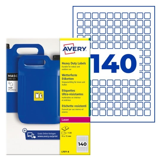 Avery Schwerlastetiketten-Packung mit blauem Kanisterbild und „140“-Etikettenraster?
