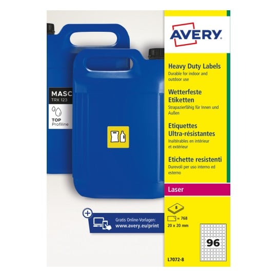 Zwei blaue Plastikkanister neben einer gelben Produktetiketten-Tafel?