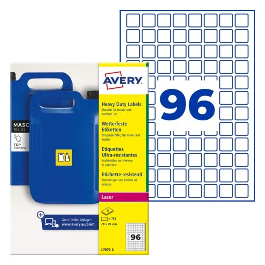 Avery-Schwerlastetikettenverpackung mit blauen Kanistern und der Grafik „96“?