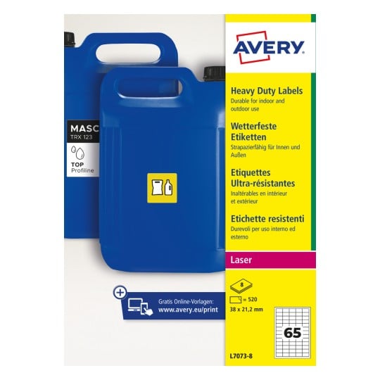 Blaue Kunststoff-Kanister mit Avery Heavy-Duty-Etiketten – Verpackungsdesign?
