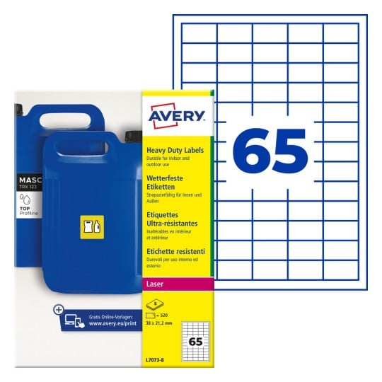 Avery Schwerlastetiketten-Verpackung mit blauen Kanistern und großem Nummer-65-Raster?