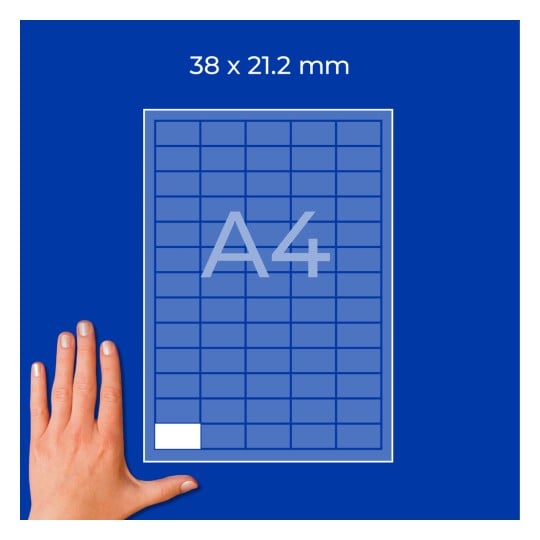 Hand neben einem blauen A4-Rasterdiagramm, beschriftet mit 38 × 21,2 mm?