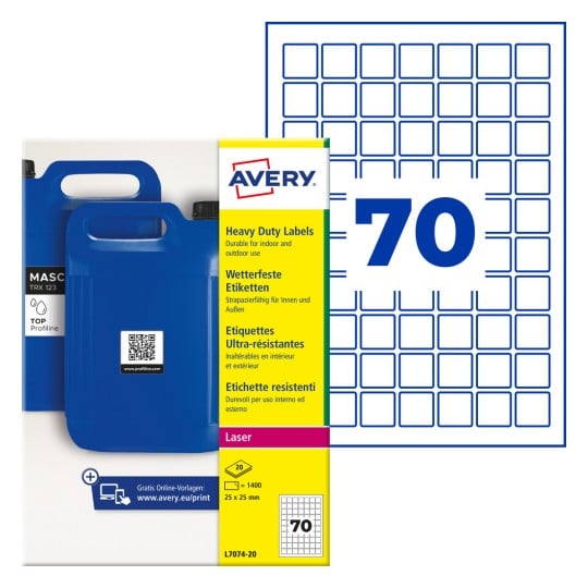Avery-Schwerlastetikettenpackung mit blauen Kanistern und Gitterillustration Nummer 70?