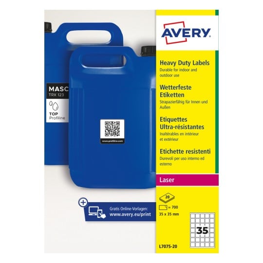 Blauer Kunststoffkanister mit QR-Code-Etikett neben Avery-Etikettenverpackung?