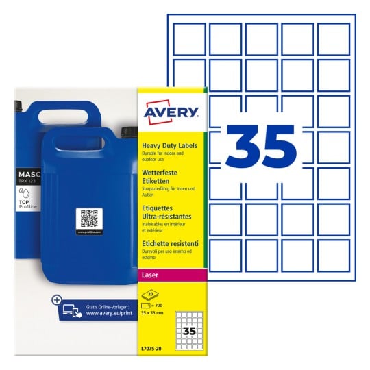Avery Schwerlastetiketten-Packung mit blauen Kanistern und einem Raster, das 35 quadratische Etiketten zeigt?