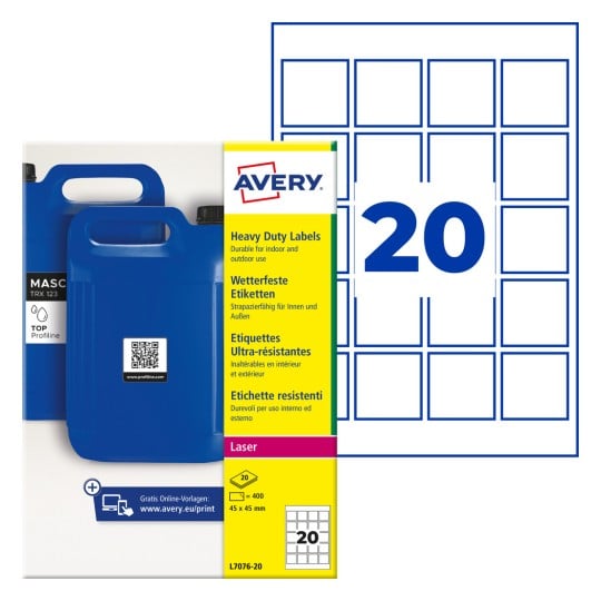 Avery Schwerlast-Etikettenpackung mit blauen Kanistern und einem Raster, das 20 quadratische Etiketten zeigt?