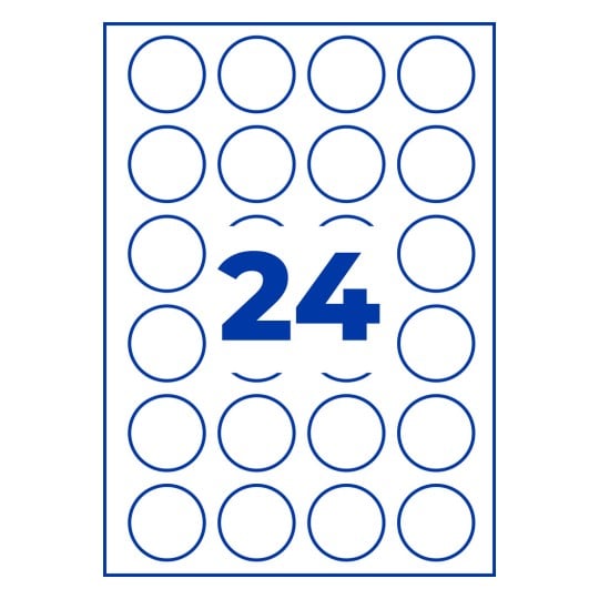 Blatt mit 24 blau umrandeten Kreis-Etiketten und einer großen blauen Zahl 24 in der Mitte?