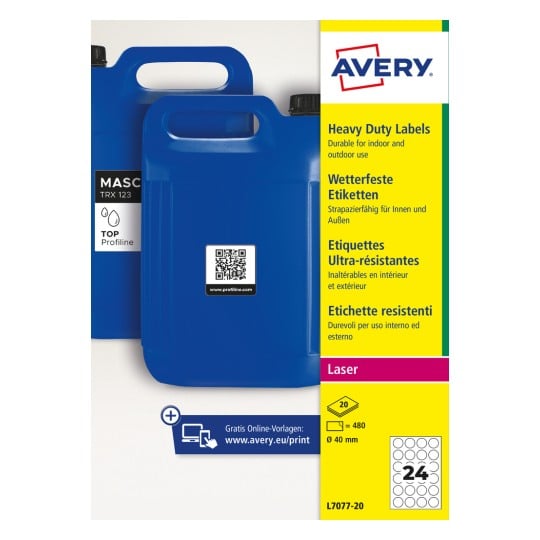 Blaue Kunststoffkanister mit QR-Etikett und Verpackungsstreifen für Avery Heavy-Duty-Etiketten?