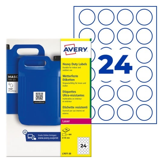 Avery Hochleistungs-Rundetiquetten-Packung mit blauen Kanistern und einem Blatt mit 24 runden Etiketten?