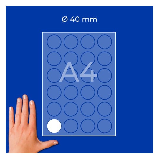 Hand neben einem A4-Blatt mit einem Raster aus runden 40-mm-Aufklebern, ein weißer Aufkleber abgebildet?