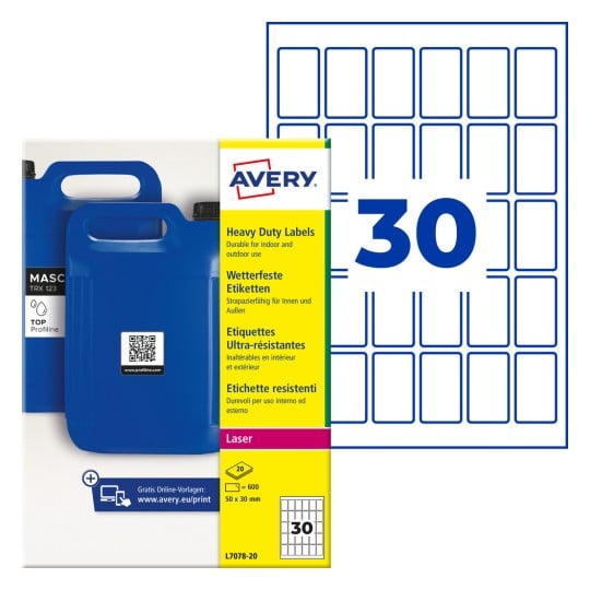 Avery Schwerlastetiketten-Packung mit blauen Kanistern und der großen Zahl 30?