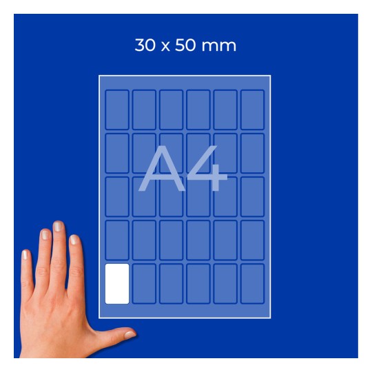 Hand neben einem A4-Blatt-Diagramm mit der Beschriftung „30 x 50 mm“ und kleinen rechteckigen Zellen?