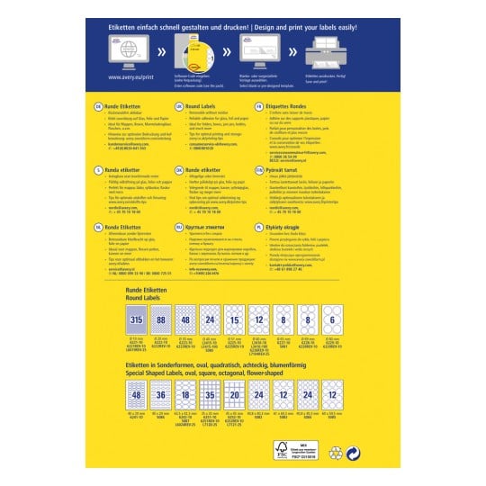 Das Bild ist ein Flyer oder Poster mit Informationen über runde Etiketten, einschließlich Anweisungen und Spezifikationen in verschiedenen Sprachen. Es präsentiert Informationen der Marke Avery zum Entwerfen und Drucken von Etiketten, bietet Abmessungen und Beispiele für Etikettenformen sowie Kontaktinformationen.