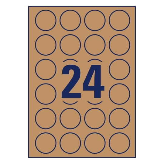 Stanzzeichnung Einzelbogen A4, Artikel: L7105-25, Naturbraune Etiketten, Format: ⌀ 40 mm, 24 Etiketten/Bogen