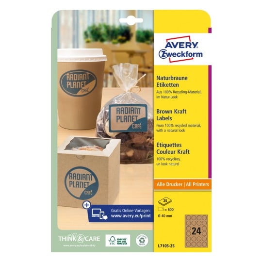 Packungsabbildung: Avery Zweckform Braune Kraftpapier-Etiketten, Artikel:  L7105-25, Format: ⌀ 40 mm, Druckereignung: Inkjet,Laser s/w,Farblaser, Inhalt: 600 Etiketten / 25 Bögen, 24 Etiketten/Bogen